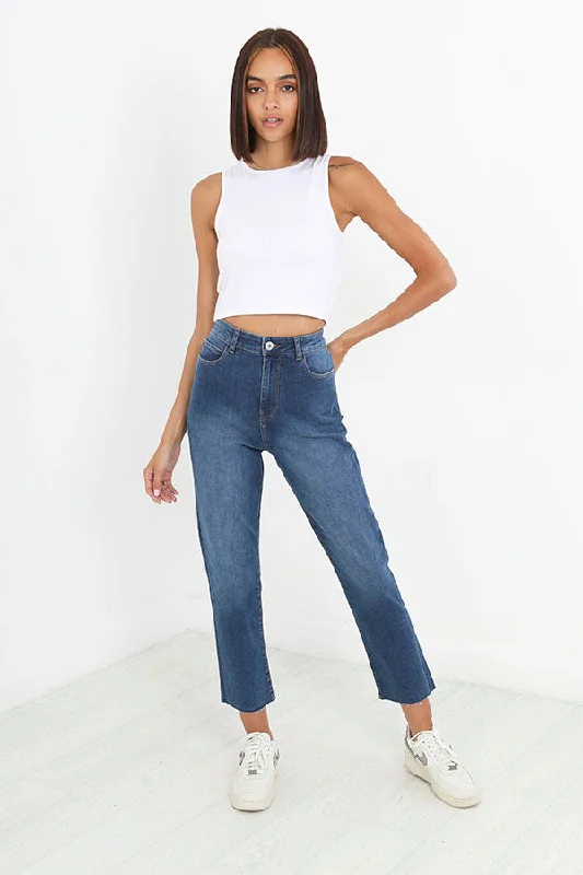 MID BLUE RAW HEM DETAIL DENIM MOM JEANS