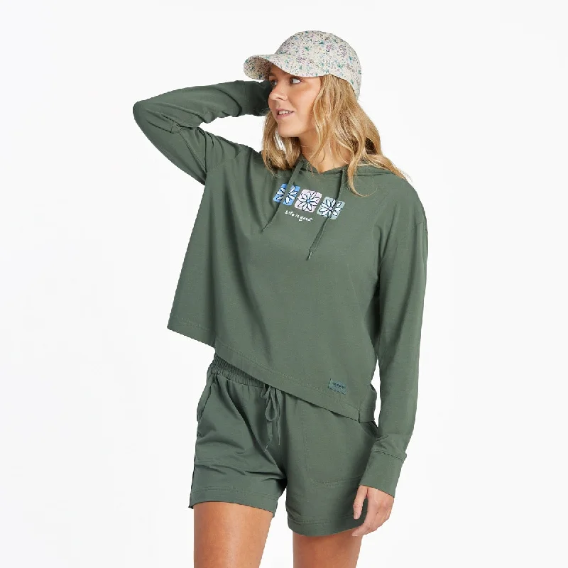 Life is Good Women's Three Boxed Daisies Crusher-Flex Hoodie, Dark Moss Green Hoodie Sweatshirt Fashion