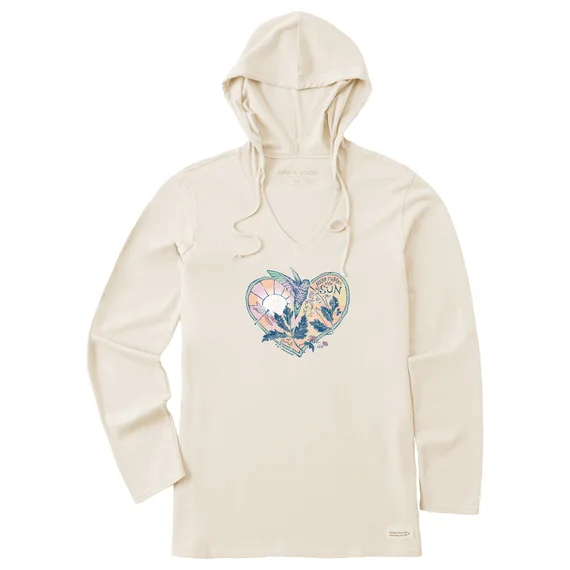 Life is Good. Women's Dreamy Hummingbird Heart Long Sleeve Crusher-LITE Hooded Tee, Putty White Classic Hoodie Sweatshirt