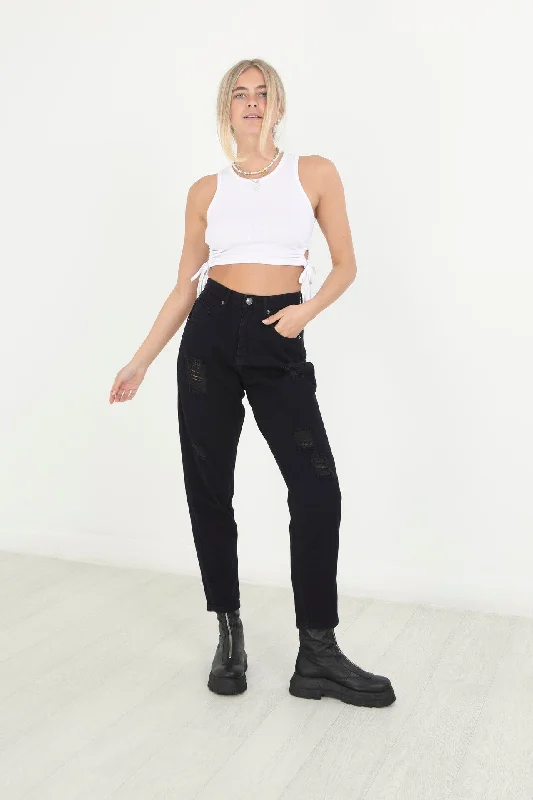 BLACK DISTRESSED DENIM MOM JEANS