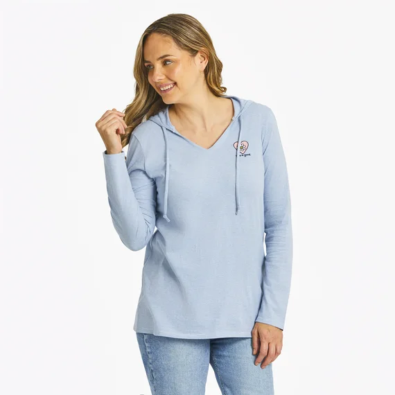 Life is Good. Women's Simple Daisy Heart Long Sleeve Striped Crusher-LITE Hooded Tee, Glacier Blue Warm Sweatshirts for Women