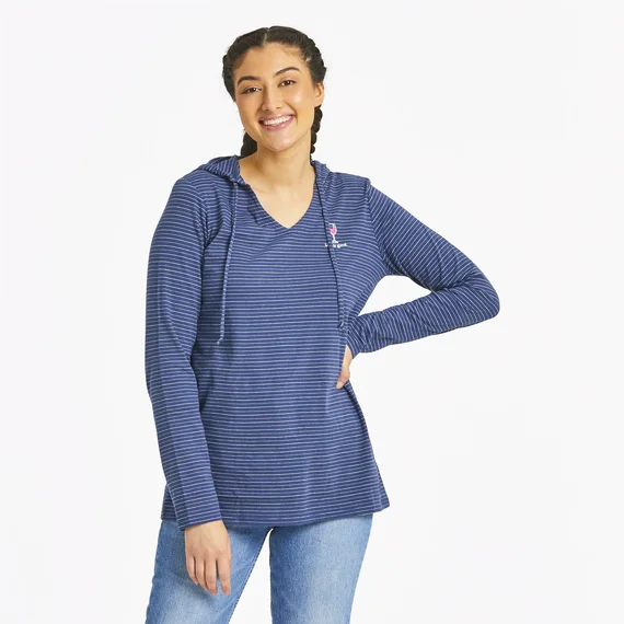 Life is Good. Women's Wine Glass Long Sleeve Striped Crusher-LITE Hooded Tee, Darkest Blue Soft Sweatshirts with Logo