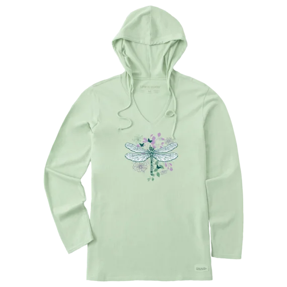 Life is Good. Women's Floral Backdrop Dragonfly Long Sleeve Crusher-LITE Hooded Tee, Sage Green Pullover Hoodie Sweatshirt