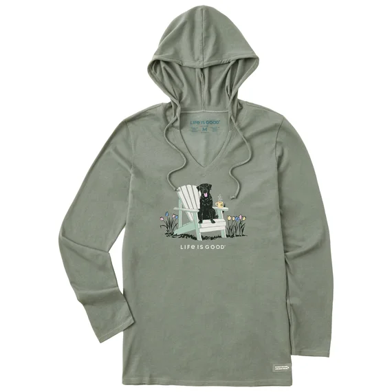 Life is Good. Women's Realisn't Black Lab Adirondack Long Sleeve Crusher-LITE Hooded Tee, Moss Green Casual Women’s Hoodies