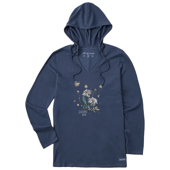 Life is Good. Women's Dreamy Shine On Daisies Long Sleeve Crusher-LITE Hooded Tee, Darkest Blue Lightweight Hoodie Sweatshirt