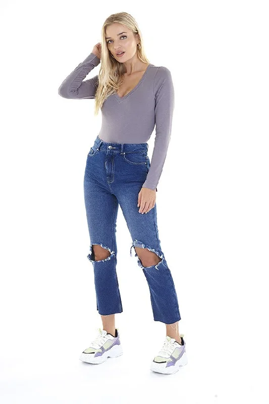 INDIGO BLUE DISTRESSED KNEE AND HEM MOM JEANS