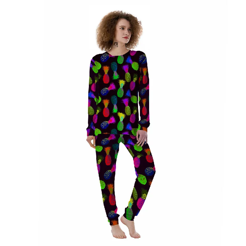 Pineapple Neon Trippy Print Pattern Women's Pajamas Matching couple pajama sets