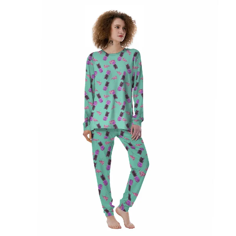 Pineapple Pastel Turquoise Print Pattern Women's Pajamas Best pajama sets for pregnancy