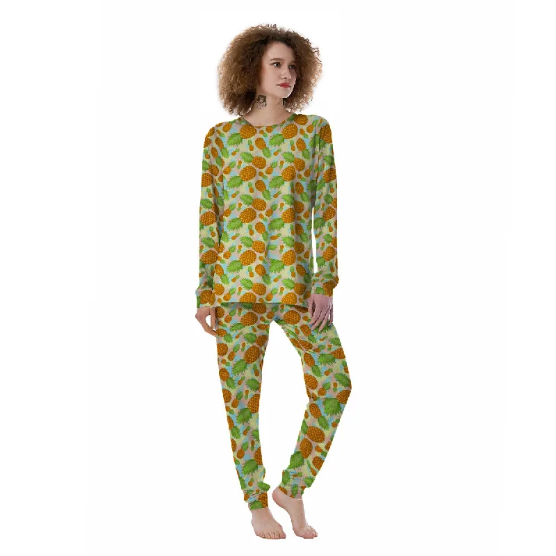 Pineapple Pastel Yellow Print Pattern Women's Pajamas Best pajama sets for cold weather