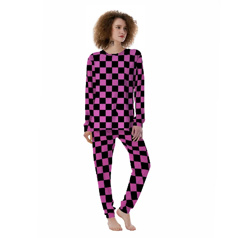 Pink And Black Checkered Print Pattern Women's Pajamas High-end pajama sets