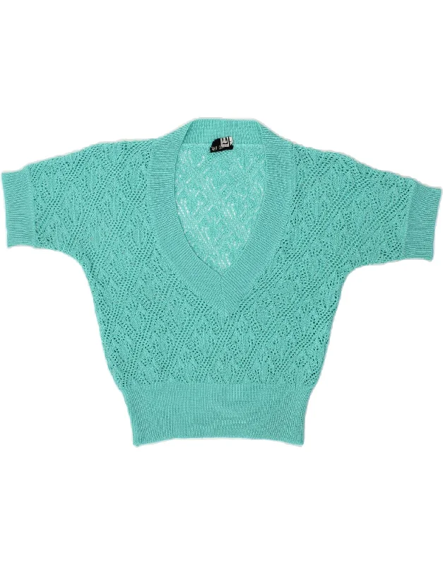 VINTAGE Womens Short Sleeve V-Neck Jumper Sweater UK 14 Large Turquoise Best sweaters for casual wear