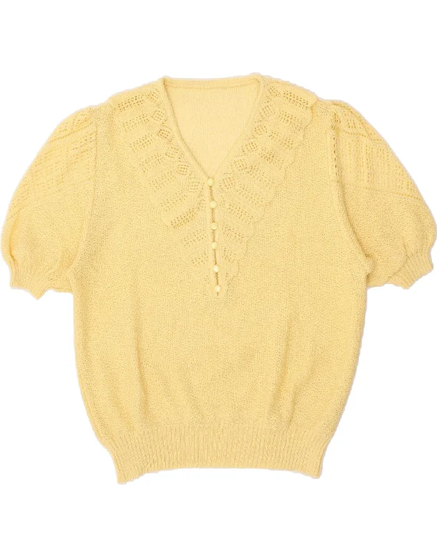 VINTAGE Womens Short Sleeve V-Neck Jumper Sweater UK 14 Medium Yellow Chunky knit sweaters