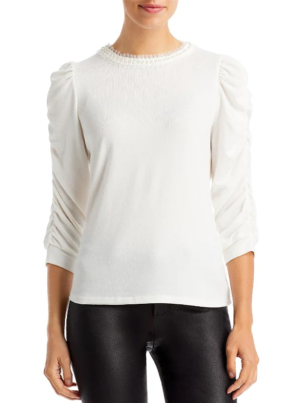 Womens Puff Sleeve Embellished Pullover Top Thermal sweaters