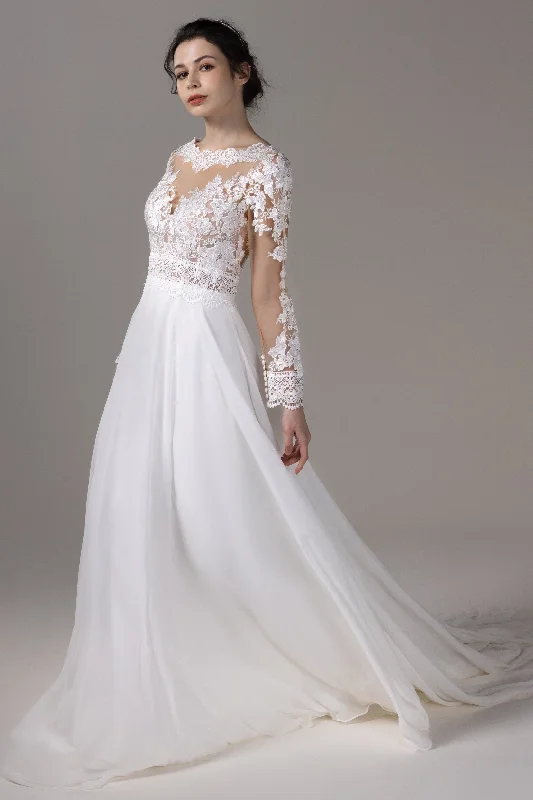 A-Line Chapel Train Lace Chiffon Wedding Dress CW2830 Elegant A-line Gown