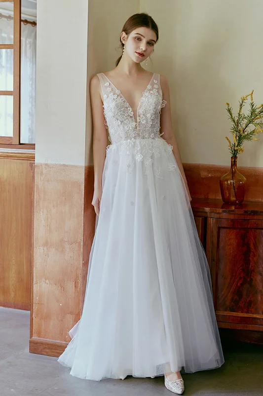 A-Line Sweep-Brush Train Lace Tulle Wedding Dress CW2673 Romantic Lace Dress