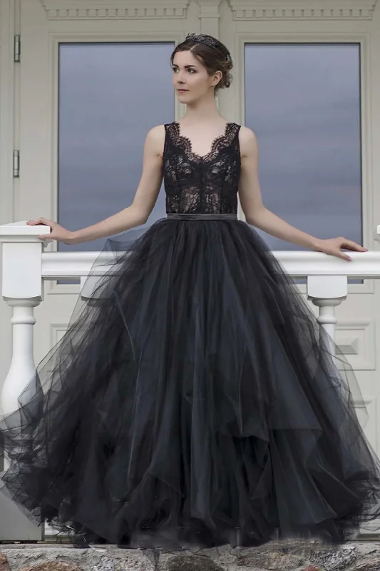 A-line V-neck Lace Tulle Long Black Wedding Dresses Simple Wedding Dress