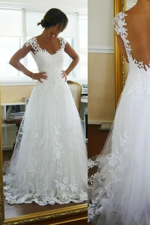 A-Line Lace Straps Wedding Dress,See-through Sleeveless Wedding Gowns Glitter Wedding Dress