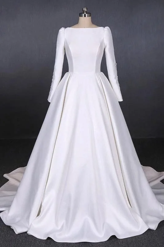 Cheap Long Sleeves Satin White Wedding Dress, Simple Backless Bridal Dress N2301 Full Length Gown