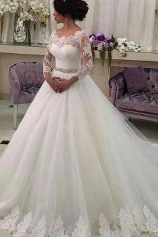 Long Sleeves Ball Gowns,Lace Vestido de Noiva,Customized Tulle Wedding Dress With Beaded Sash,N148 Sparkling Wedding Dress