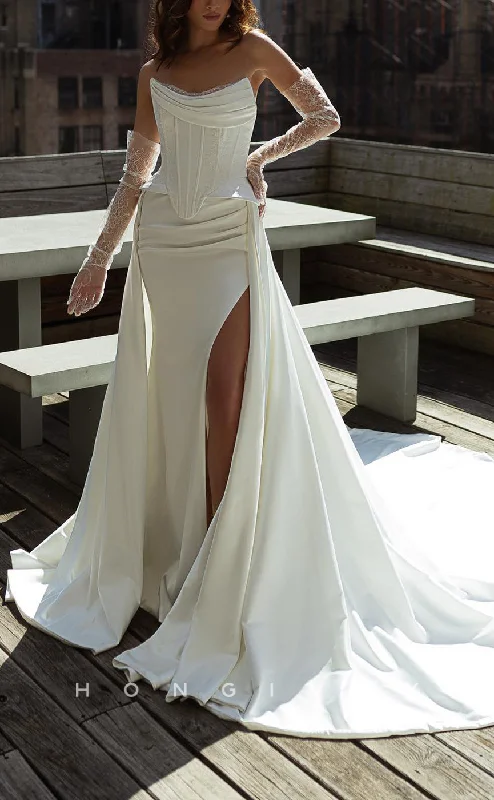 H1667 - Bateau Strapless Ruched Lace Applique With Side Slit Train Wedding Dress Wedding Dress Long