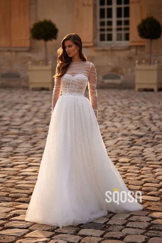 A Line Sweetheart Detachable Long Sleeves Romantic Wedding Dress QW2220 Simple Wedding Gown