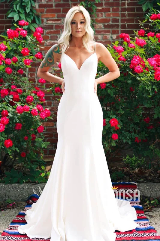 Sexy V-neck Spaghetti Straps Simple Mermaid Wedding Dress QW2372 Mermaid Lace Gown