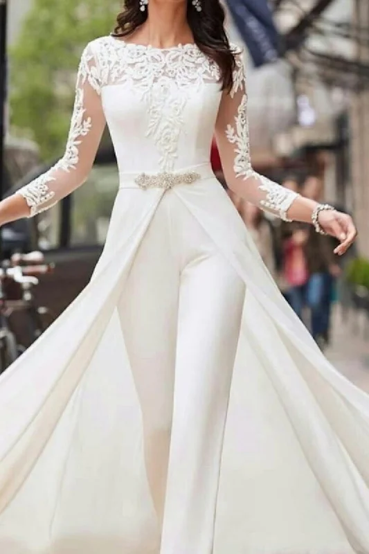 Hall Casual Wedding Dresses Jumpsuits Long Sleeves Illusion Neckline With Sashes / Ribbons Crystals 2023 Bridal Gowns QW2397 Vintage Lace Dress