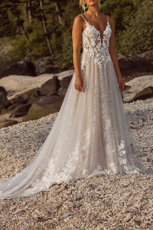 A Line V Neck Lace Appliques Boho Wedding Dress with Sweep Train QW2654 Floral Bridal Gown