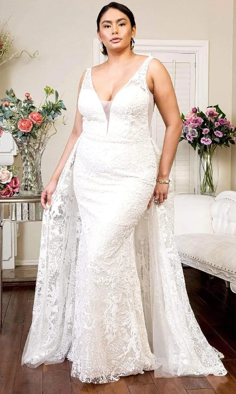 Elizabeth K - GL1903 Embroidered Deep V Neck Trumpet Gown White Lace Gown