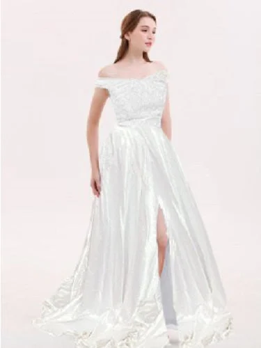 G731, White Slit Cut Evening Gown, (All Sizes)pp Full Skirt Gown