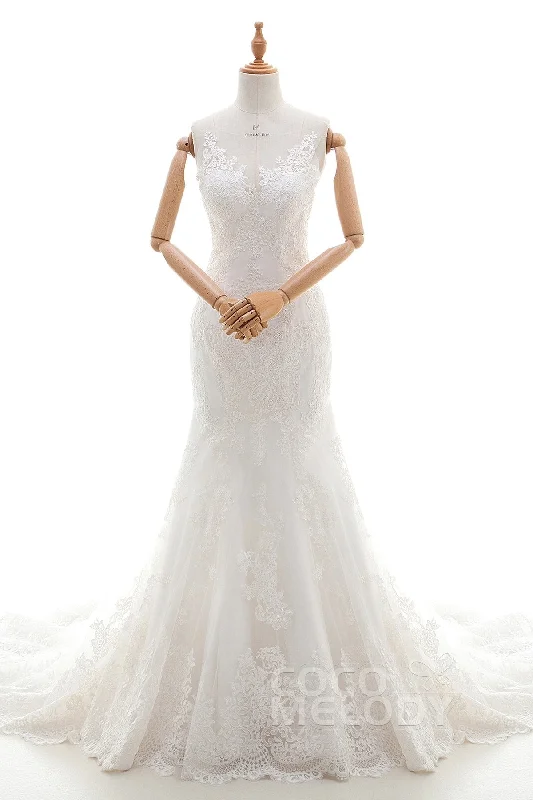 Trumpet-Mermaid Court Train Tulle Lace Wedding Dress LD4342 Crystal Wedding Dress