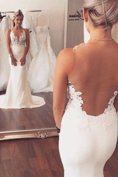 Ivory Appliqued Mermaid Wedding Dress,Long See Through Sleeveless Beach Wedding Dress,N232 Sparkling Bridal Gown