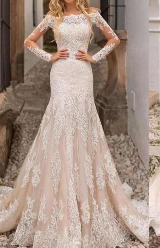 Long Sleeves Detachable Train  Mermaid Lace Wedding Dresses Vintage Wedding Gown