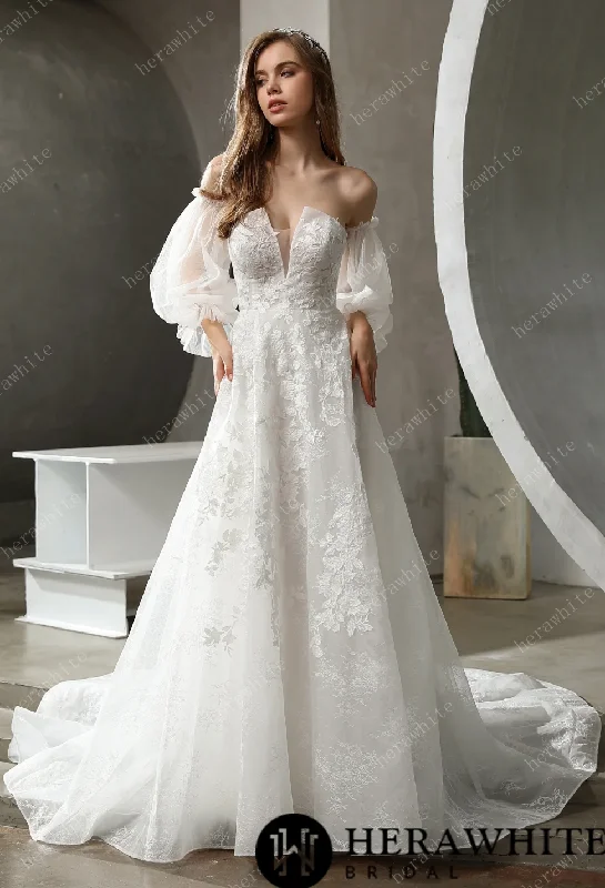 Romantic A-line Bridal Gown with Detachable Puff Sleeves Empire Waist Gown