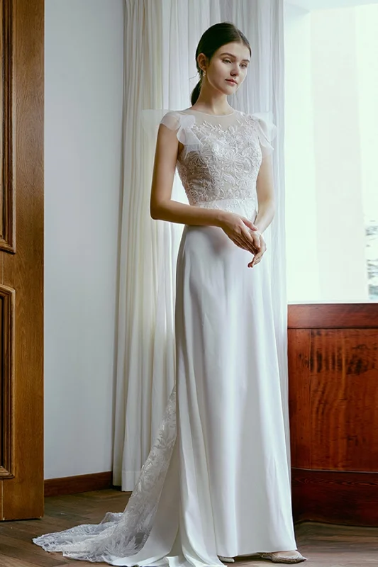 Sheath Sweep-Brush Train Lace Tulle Wedding Dress CW2672 Lace V-neck Dress