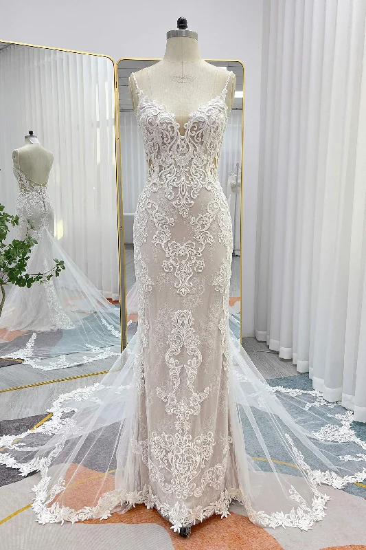 Trumpet-Mermaid Chapel Train Lace Tulle Wedding Dress CW3249 Boho Wedding Gown