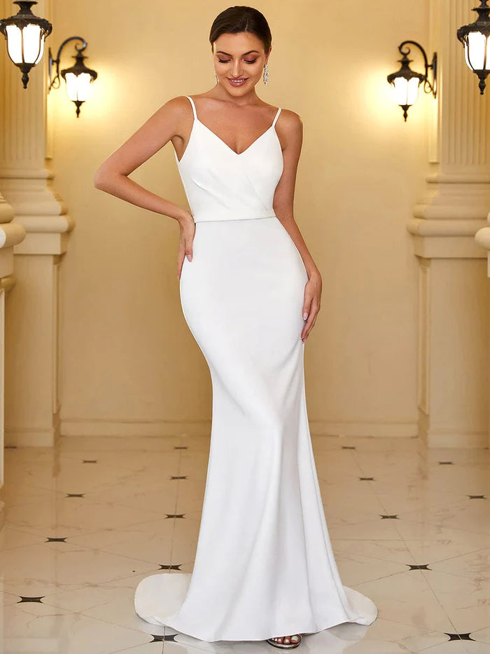 V-Neck Spaghetti Strap Cut-Out Back Sequin Fishtail Evening Dress Sleeveless Bridal Gown