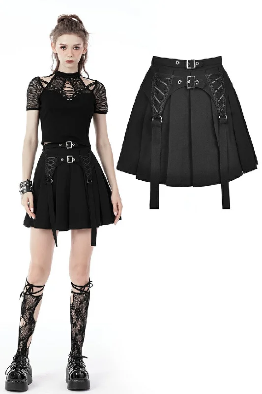 Black punk rock double buckle pleated skirt KW234 Monochrome unclassified skirts