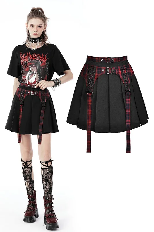 Black red punk rock double buckle pleated skirt KW239 Floral unclassified skirts