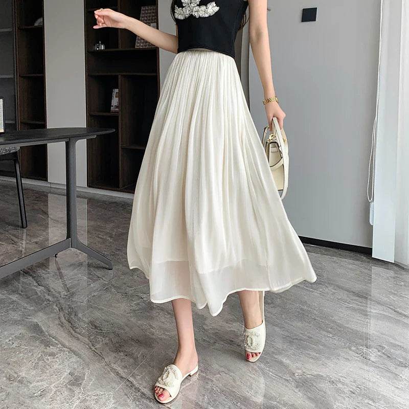 FashionSierra - 2024 New Spring Summer Women Tulle Solid Color Elastic High Waist Pleated Ladies Temperament Skirt Earthy tone unclassified skirts