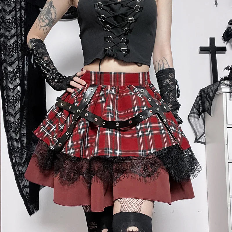 Gothic Girls Plaid Pleated Sweet Lace Kawaii Y2k Costume Skirt Knitted unclassified skirts