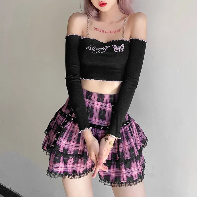 Lolita Cake Gothic Japanese Harajuku Purple Pink Plaid Pleated Skirt Velvet unclassified skirts