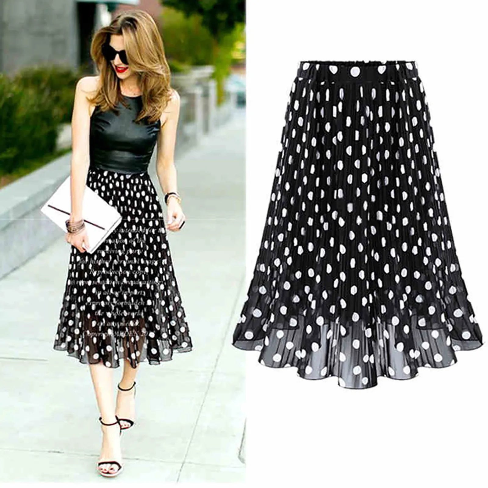 JuliaFashion - Pleated Chiffon Tulle Polka Dot Vintage Flared Skirt Dress Color block unclassified skirts