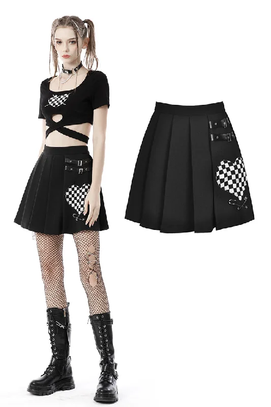 Punk black white check heart pleated skirt KW225 Breathable unclassified skirts