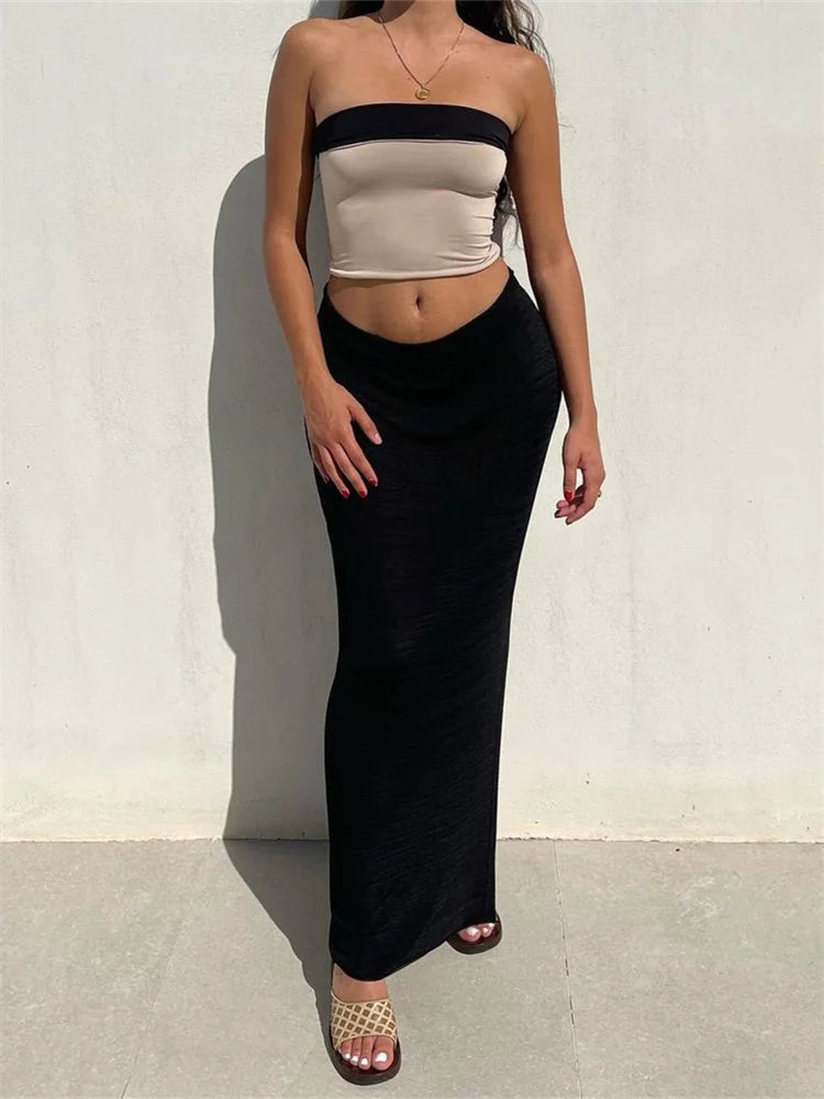 JuliaFashion - Sexy Strapless Off Shoulder Tops High Waist Side Split Skirts Suits Dark color unclassified skirts