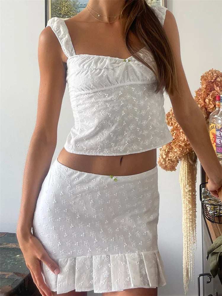 JuliaFashion - Y2K Lace Strap Backless Tie-up Camis High Waist Skirts Suits Club unclassified skirts