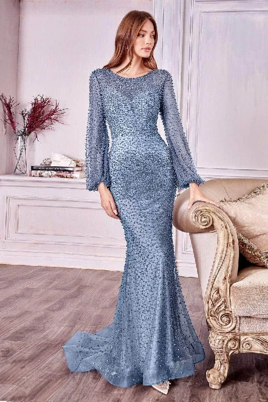 Andrea and Leo - A0997 Pearl Beaded Long Sleeve Trumpet Gown New Year's Eve party dresses