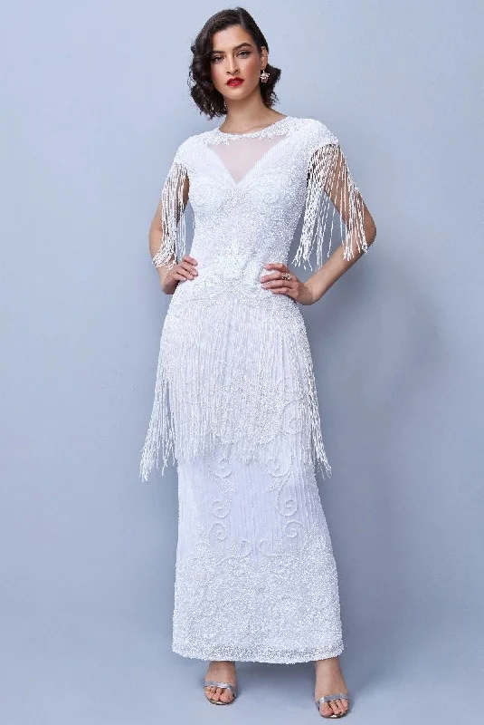 Ethel 1920s Evening Maxi Fringe Gown in White Expensive party dresses