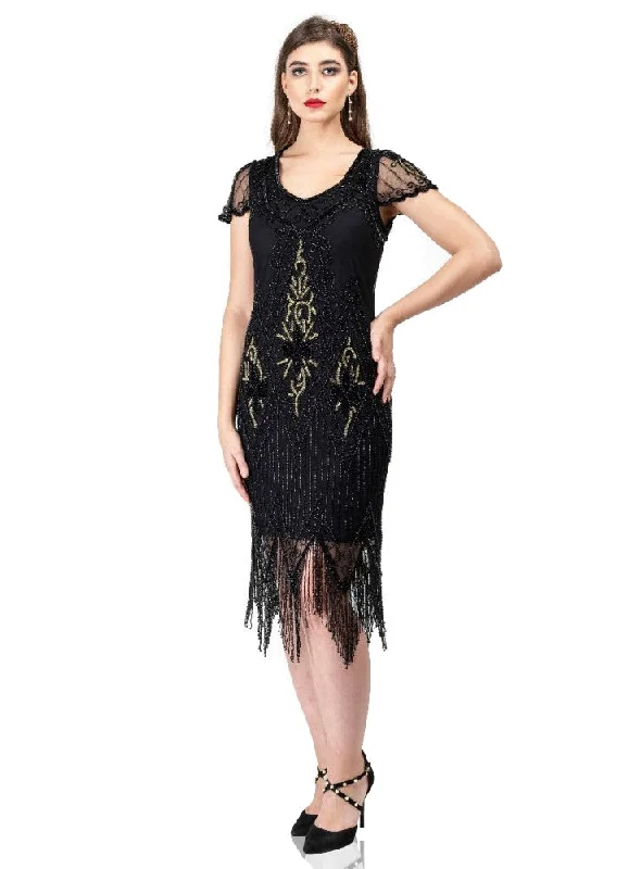 Flapper Style Fringe Party Dress in Black Gold Women's trendy party dresses sale