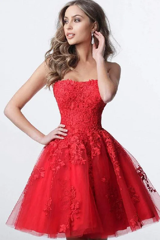 JVN by Jovani - JVN1830 Strapless Floral Lace Applique Tulle Cocktail Dress Ruffled party dresses